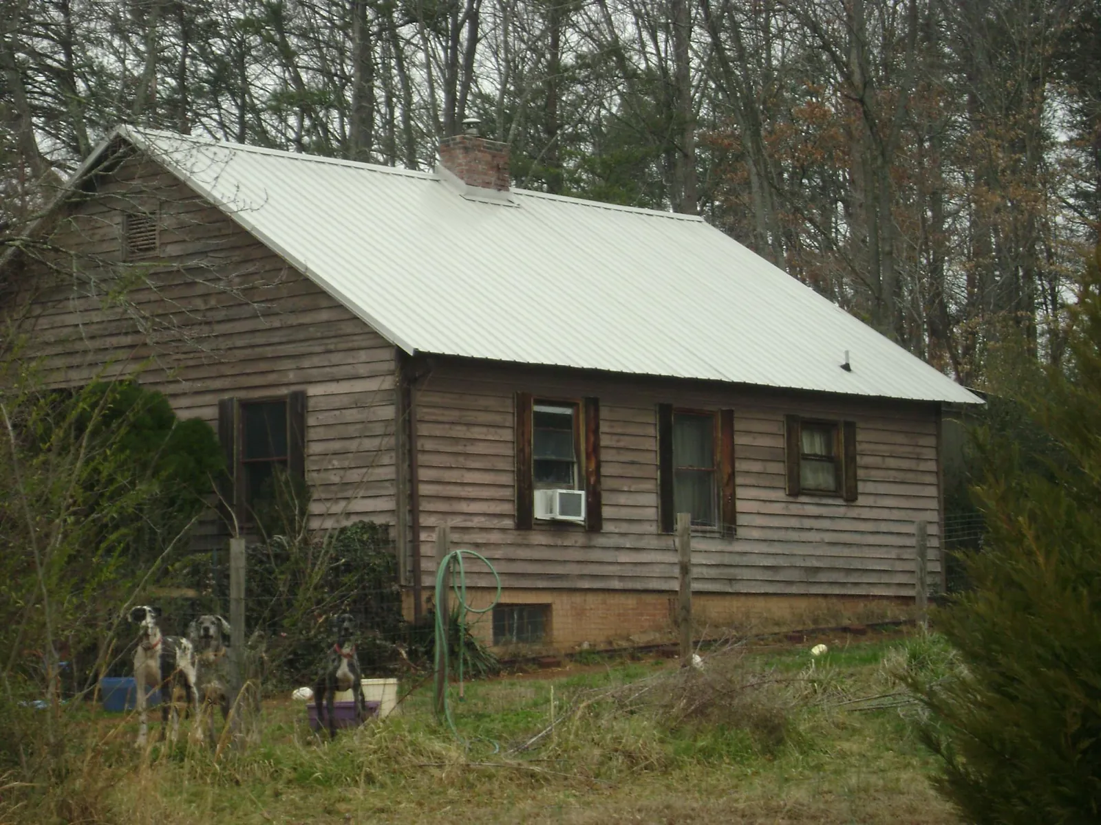White metal roof on an old wood sided farmhouse, from a Metal Roof Installation job in Powell Butte